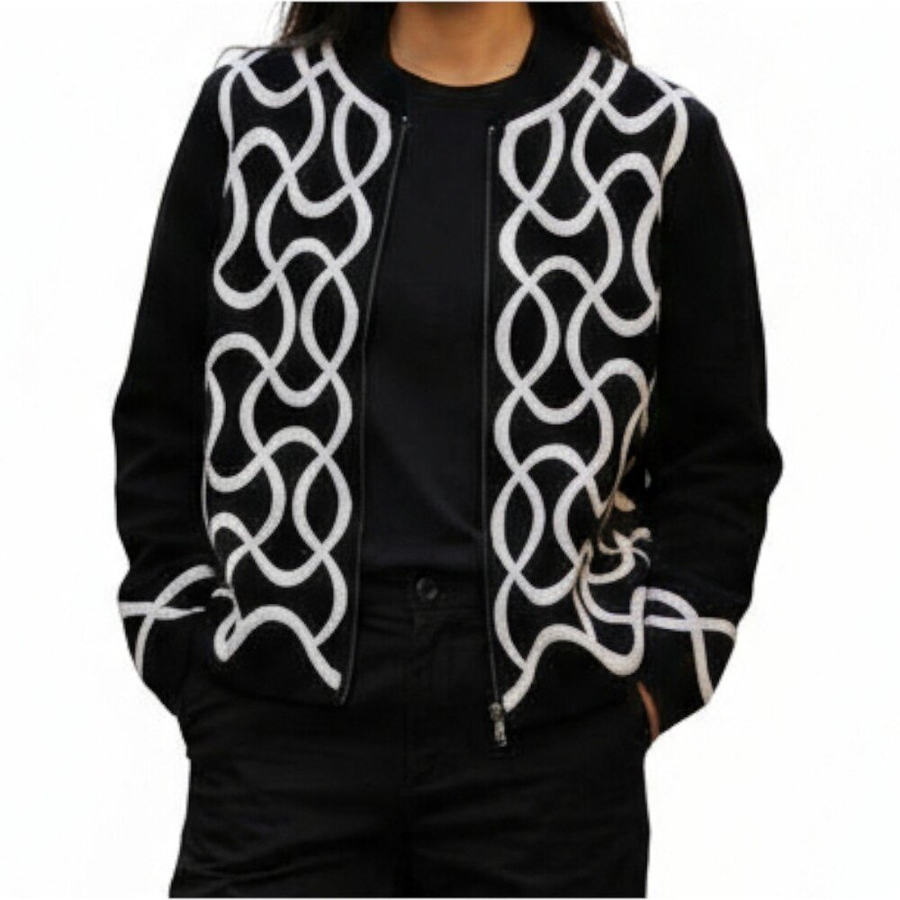 TALBOTS Black Zip Up Sweater Jacket with White Sartouche Braid - Size PM